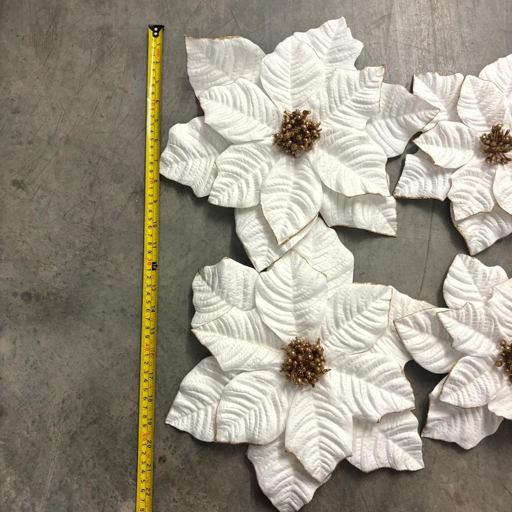 White Gold Poinsettia Christmas Ornaments Magnets Set of 4 Holiday Floral Decor